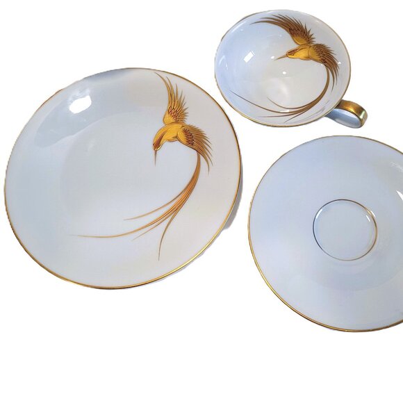 H&C SELB Bavaria Germany Hand-Painted Gold Bird in Flight Cup Saucer Plate - Picture 3 of 12
